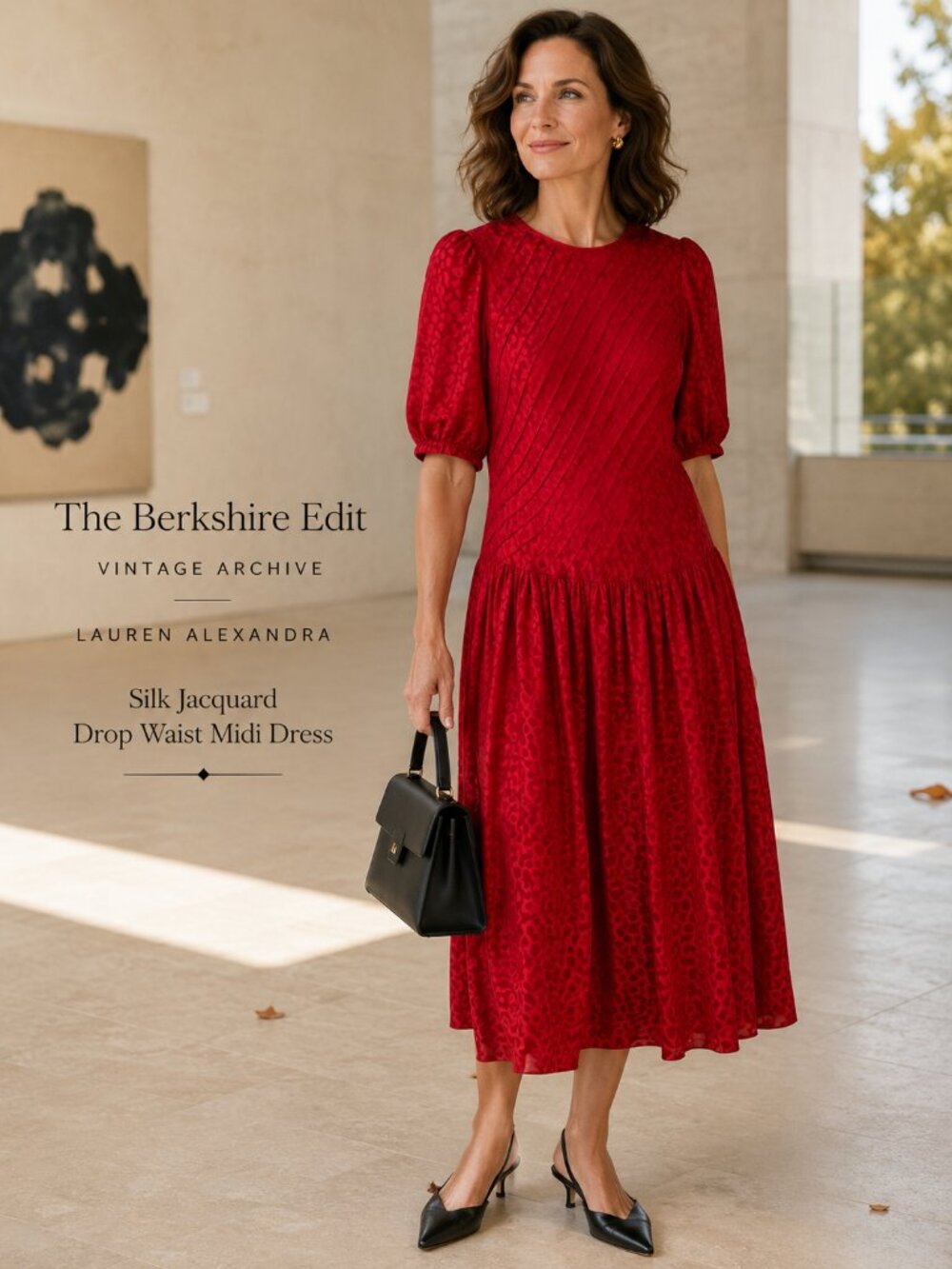 Vintage Lauren Alexandra 100% Silk Red Jacquard Drop Waist Midi Dress 10